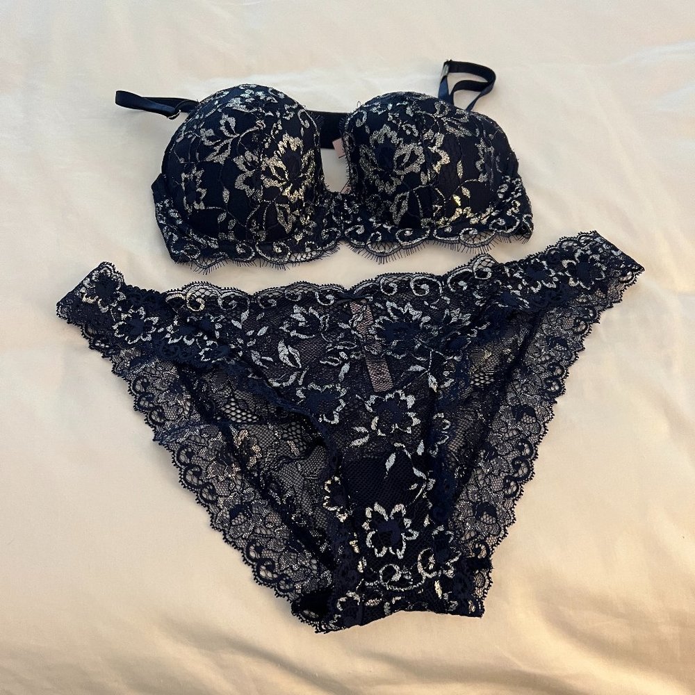 Victoria's Secret black and silver lace trimmed bra and matching panty 36B/L